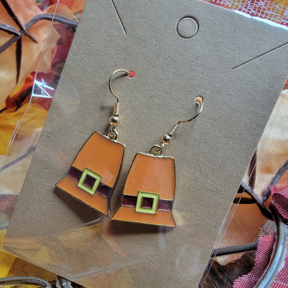🍁8 Final!! Orange Pilgrim Hat Earrings Fall Rhemed Earrings